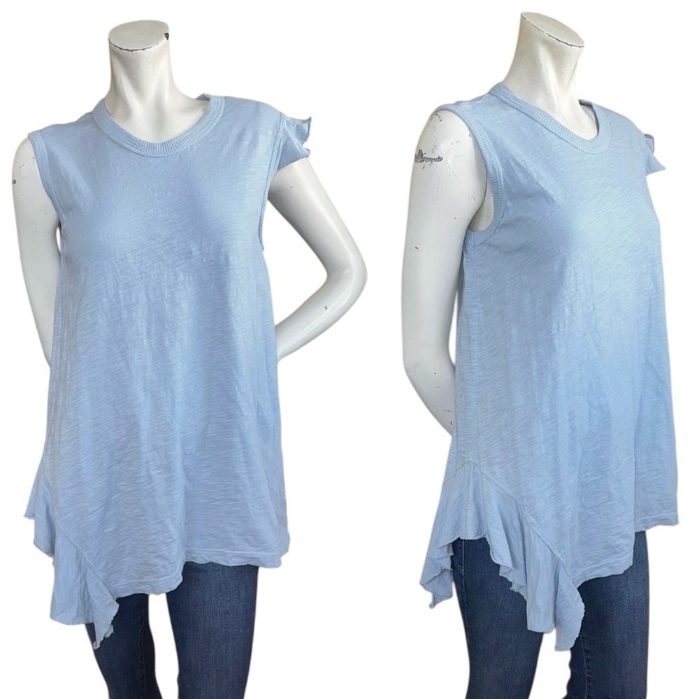 WILT Powder Blue Slub Asymmetrical Hem Ruffle Trim Tunic Tank Top Size Small